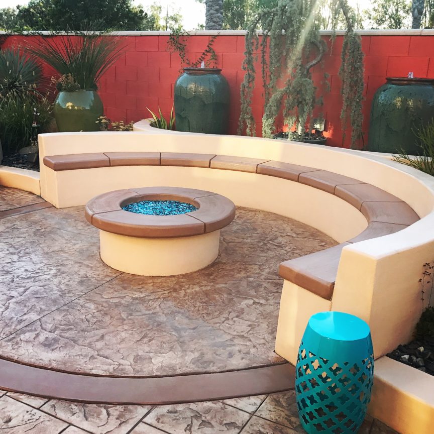 A concrete outdoor sitting area